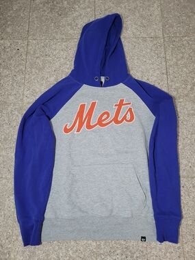 47 Brand Mets Raglan Hoodie - Gray & Royal Blue with Orange Script Size Medium